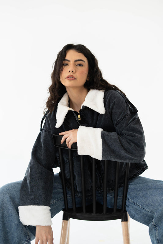 Oversized denim fur jacket- Grey Fur White